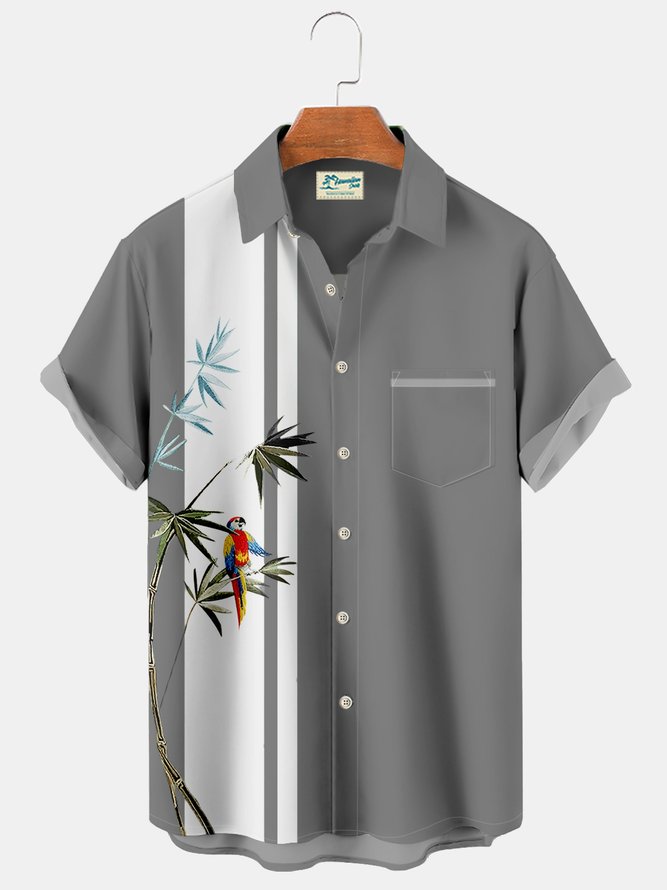 Royaura Leaf Parrot Vintage Bowling Print Breast Pocket Vacation Shirt Plus Size Hawaiian Shirt