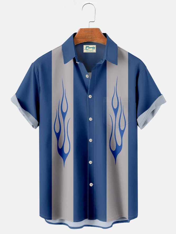 Royaura Blue Vintage Bowling Flame Car Print Breast Pocket Shirt Plus Size Shirt