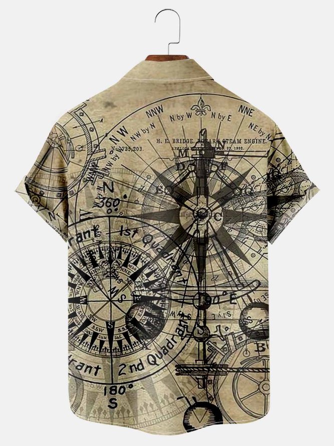Royaura Vintage Navigation Map Compass Print Chest Bag Shirt Plus Size Shirt