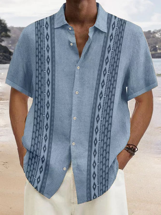 Royaura Cotton Linen Ethnic Aztec Pattern Retro Bowling Shirt Oversized Vacation Aloha Shirt