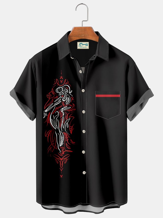 Royaura retro bowling line beauty car print chest pocket bowling shirt oversized shirt