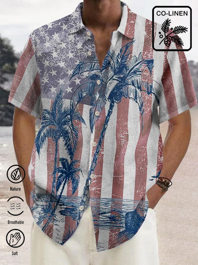 Royaura Vintage Cotton American Flag Coconut Tree Print Breast Pocket Shirt Plus Size Shirt
