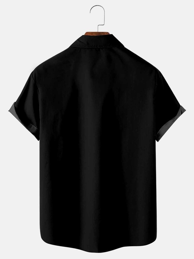 Royaura Black Vintage Bowling Geometric Print Breast Pocket Shirt Plus Size Shirt