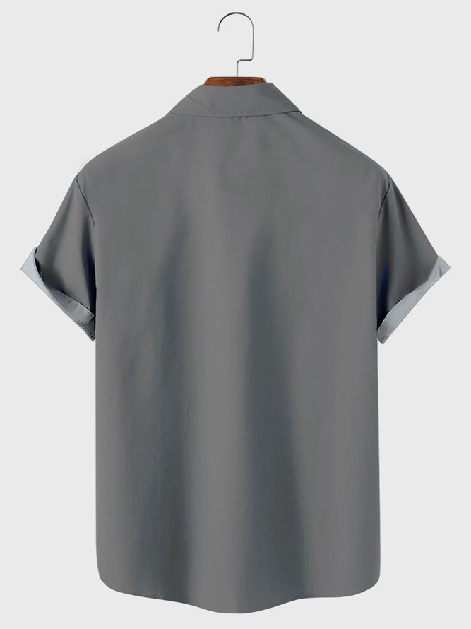 Royaura Gray Vintage Bowling Car Print Breast Pocket Shirt Plus Size Shirt