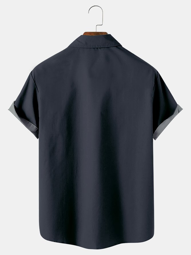 Royaura Blue Grey Vintage Bowling Print Chest Bag Shirt Plus Size Shirt