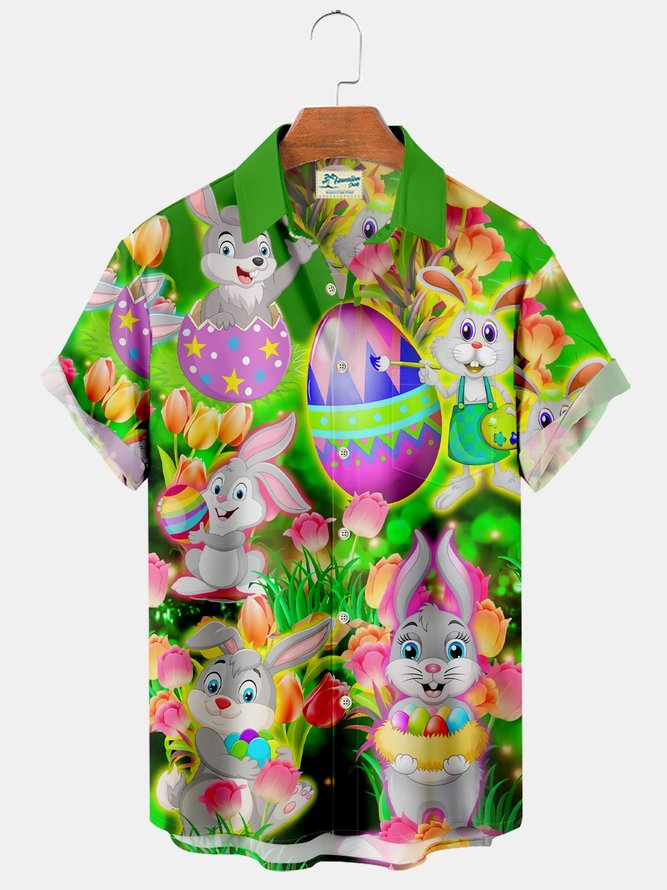 Royaura Easter Bunny Egg Print Chest Bag Shirt Plus Holiday Shirt