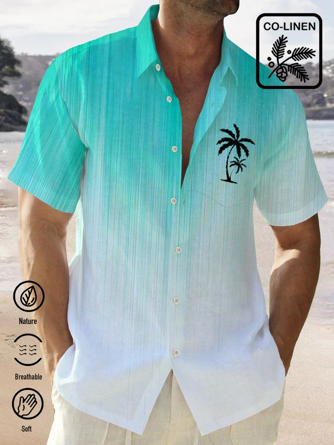 Royaura Men's Cotton Linen Gradual Texture Coconut Tree Print Chest Bag Shirt Plus Size Shirt