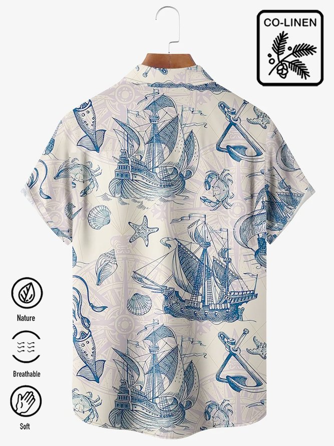 Royaura cotton and hemp sailboat marine life retro button shirt