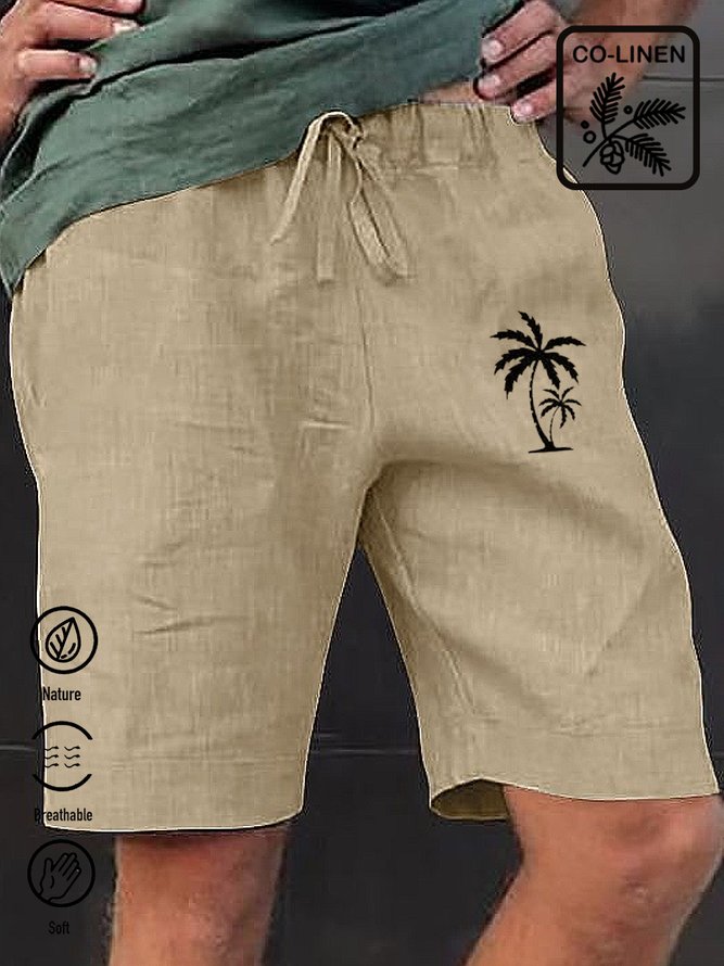 Royaura flax coconut tree print breathable moisture absorption casual shorts
