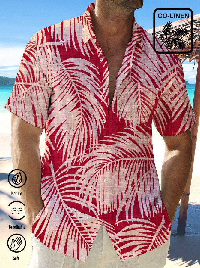 Royaura Cotton Linen Chambray Tropical Leaves Men's Vacation Hawaiian Big & Tall Aloha Shirt