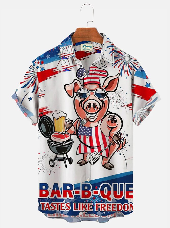 Royaura Pig Chef American Flag BBQ printed chest pocket casual shirt oversized holiday shirt