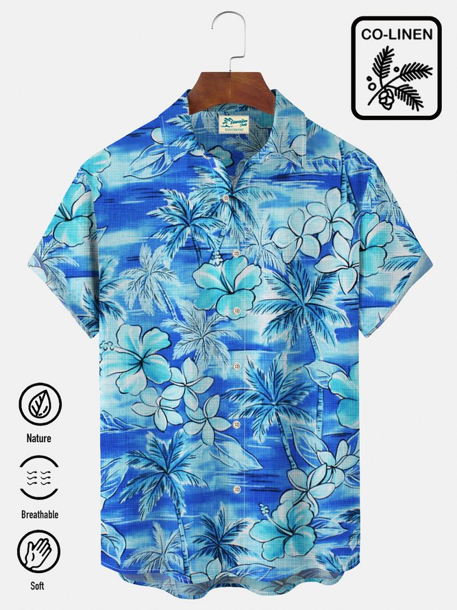 Royaura Natural Fiber Coconut Plumeria Print Men's Vacation Hawaiian Big and Tall Aloha Shirt