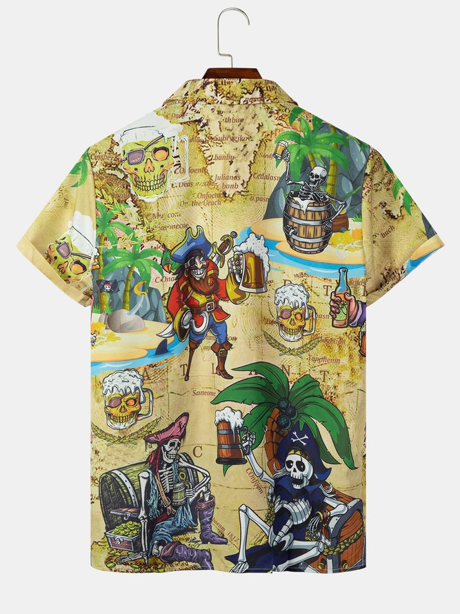Men's Vintage Caribbean Pirate Skull Beer Hawaiian Printed Shirts