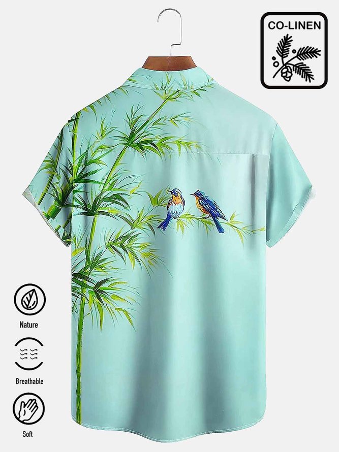 Royaura Cotton hemp Hawaiian Bamboo Leaf Parrot Men's Button Pocket Shirt