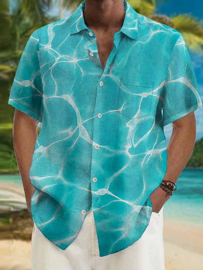 Royaura Cotton hemp Hawaiian blue wavy texture art men's button pocket shirt