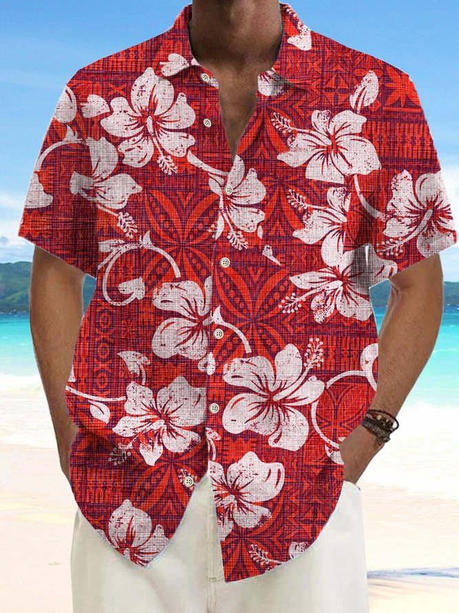 Royaura Nature  Fiber Hibiscus Aztec Ethnic Pattern Shirts Natural Breathable Summer Big and Tall Hawaiian Shirts