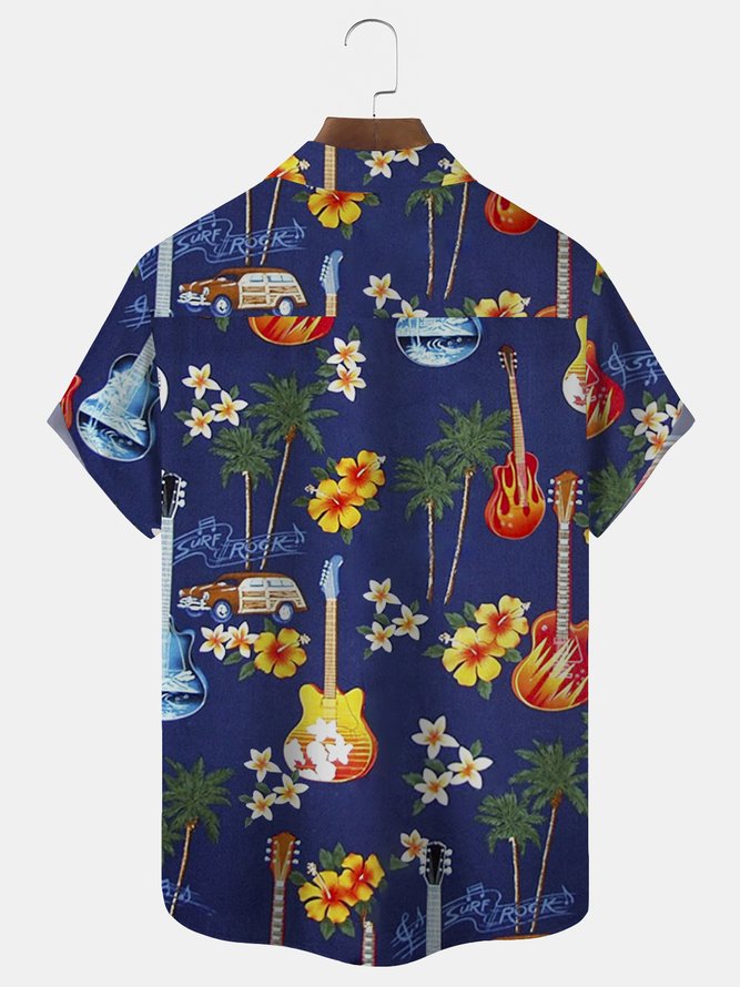 Royaura Coconut Plumeria Guitar Print Beach Men's Vacation Hawaiian Big and Tall Aloha Shirt