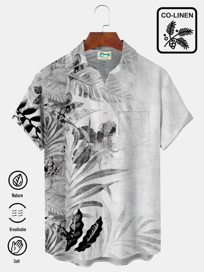 Royaura Beach Vacation Ink Plant Cotton-Linen  Men's Breathable Natural Hawaiian Plus Size Aloha Shirts