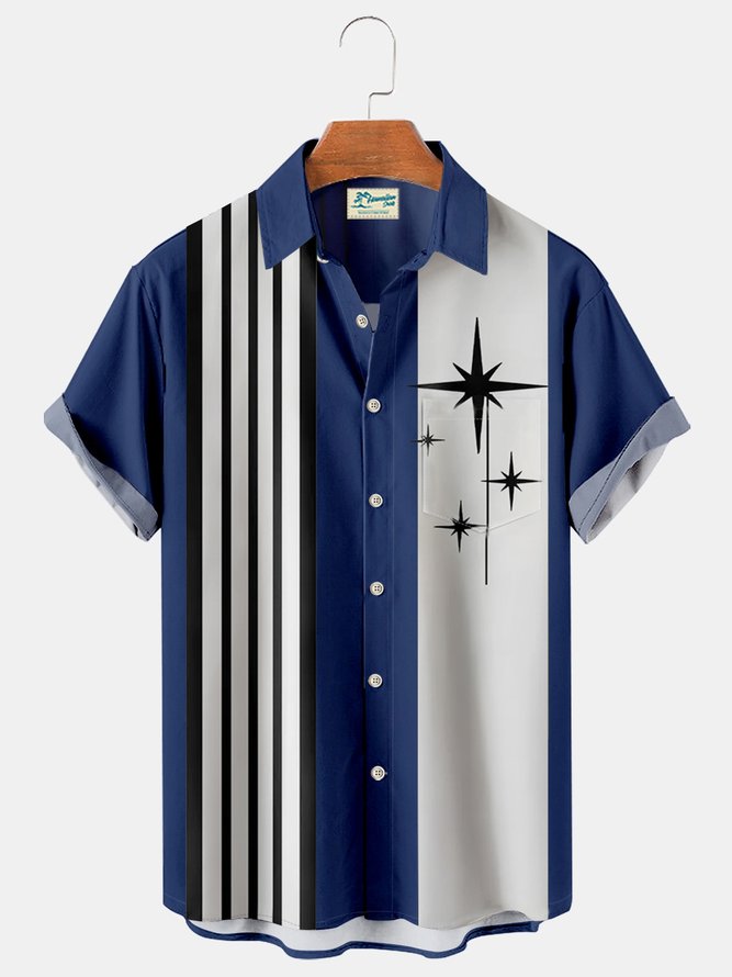 Royaura retro bowling geometric pattern stripe print men's chest pocket holiday shirt oversized shirt