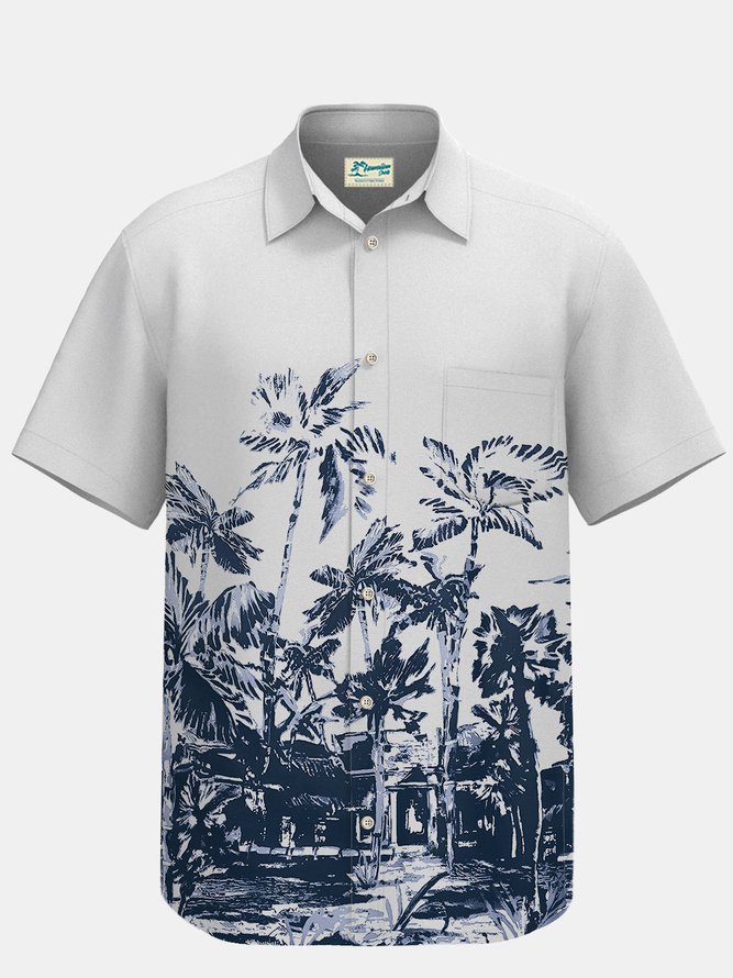 Royaura Waterproof Coconut Palm Tree Stain Resistant White Men Hawaiian Shirt Hydrophobic Breathable Big & Tall