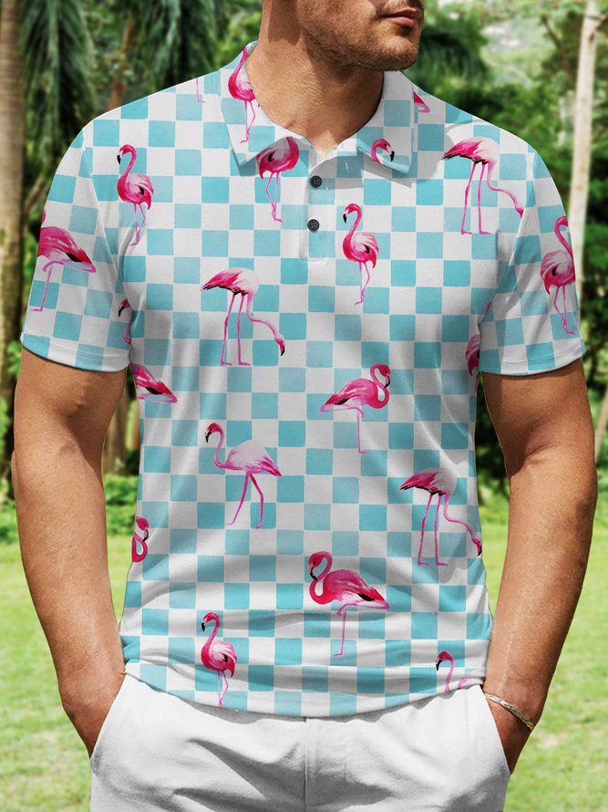Royaura Beach Vacation Flamingo Men's Hawaiian Polo Shirts Stretch Wrinkle Free Lapel Tops