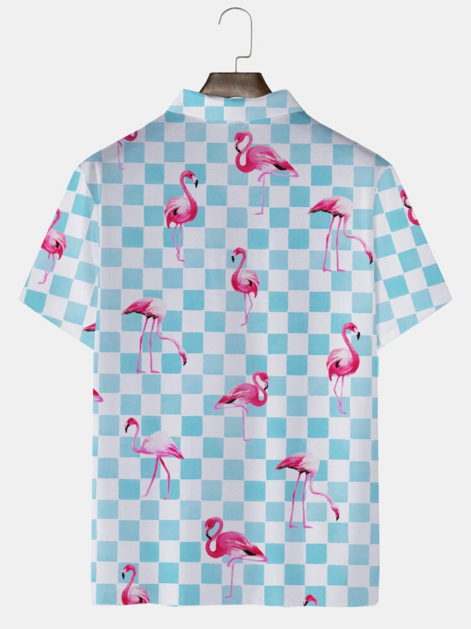 Royaura Beach Vacation Flamingo Men's Hawaiian Polo Shirts Stretch Wrinkle Free Lapel Tops