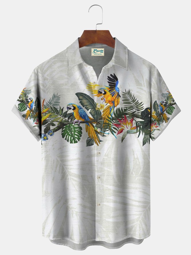 Royaura Parrot Floral Print Men's Vacation Hawaiian Big And Tall Aloha Shirt