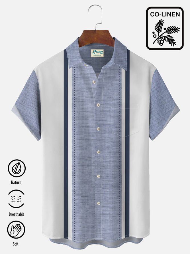 Royaura 50's Beach Vacation Men's Oxford Bowling Shirts Natural Fiber Blend Striped Camp Shirts