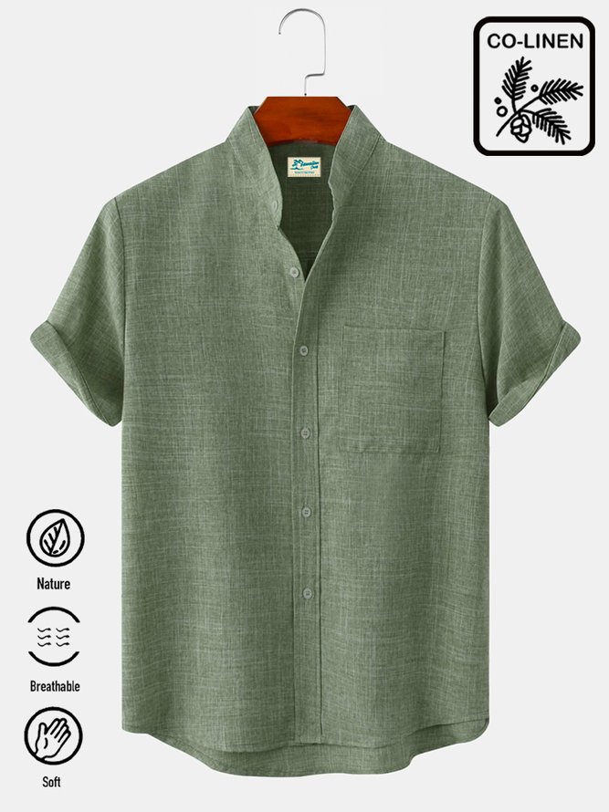 Royaura Men's Casual Natural Fiber Stand Collar Soft & Breathable Short Sleeve Shirt