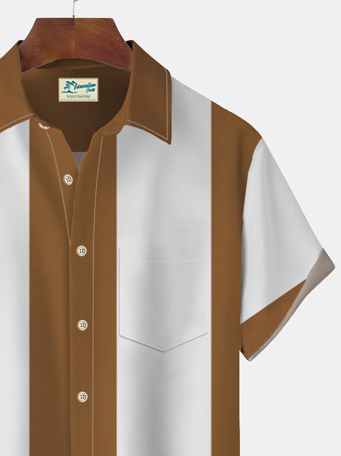 Royaura 50's Brown Vintage Men's Bowling Shirts Tiki Totem Art Stretch Oversized Aloha Pocket Camp Shirts