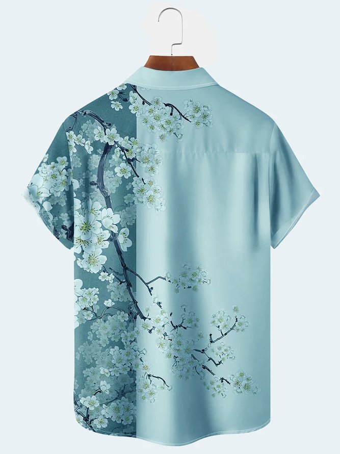 Royaura Hawaiian Floral Plum Blossom Cherry Blossom Men's Button Down Pocket Shirt