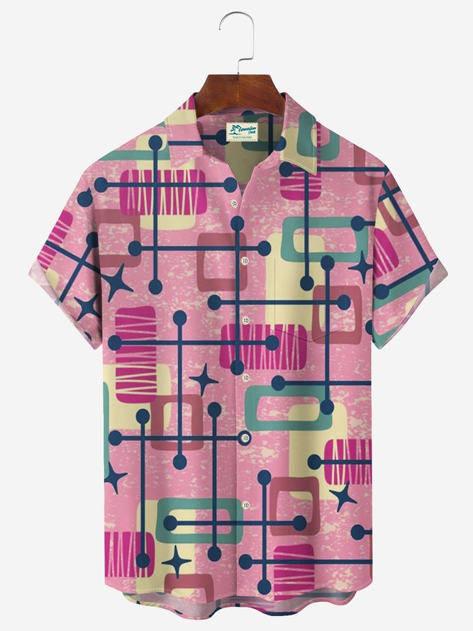 Royaura 50's Mid-Century Geometric Pink Men's Hawaiian Shirt Stretch Wrinkle Free Seersucker Camp Shirts
