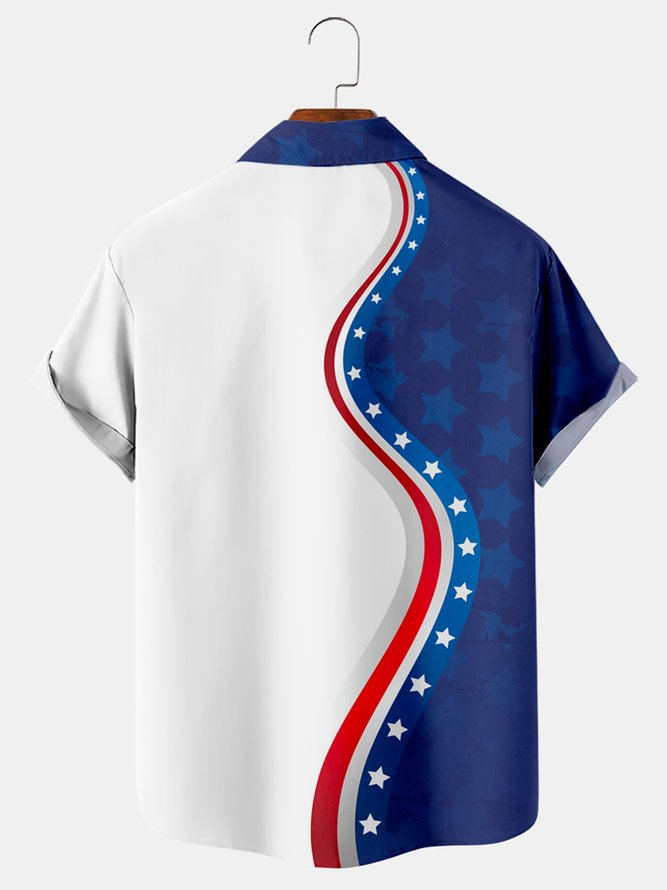 Royaura Vintage Bowling Eagle Patriotic Flag 4th July Print Men's Big&Tall Shirt With Pocket
