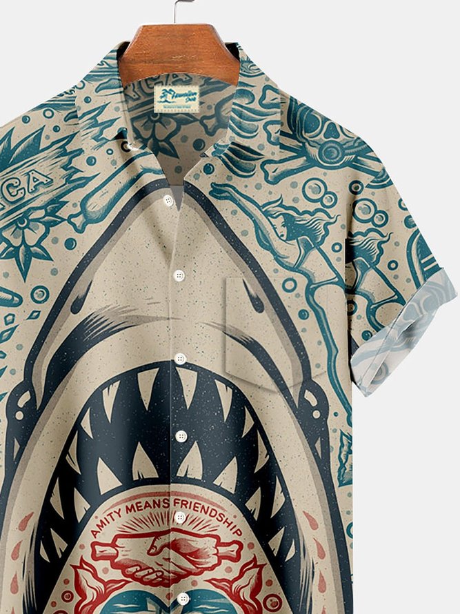 Royaura Vintage Shark Ukiyo-e Men's Button Pocket Shirt