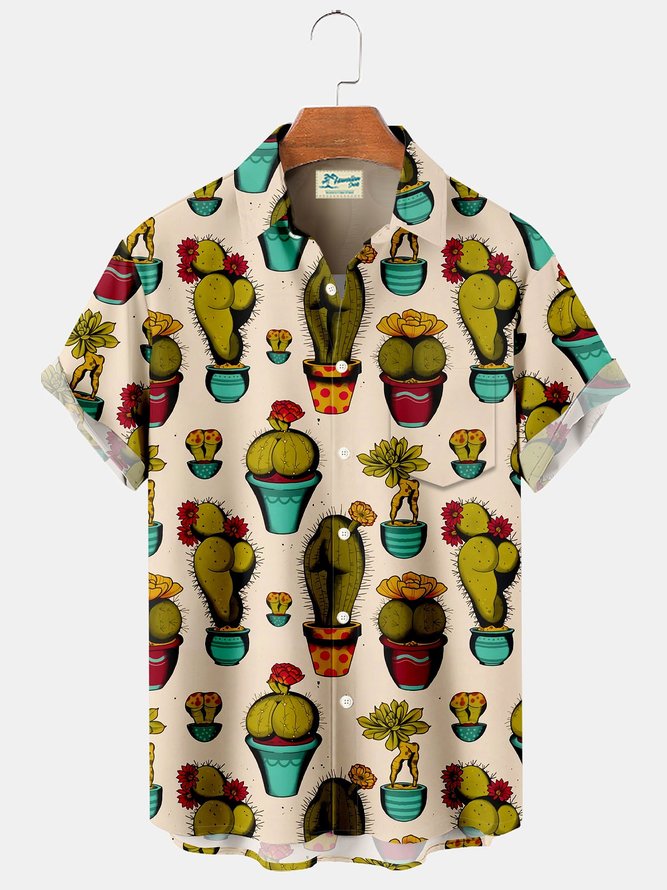 Royaura Hawaiian Vintage Fun Cactus Print Men's Button Pocket Shirt