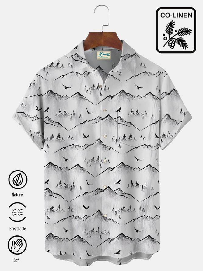 Royaura Cotton Linen Vintage Nature Landscape Men's Button Pocket Shirt