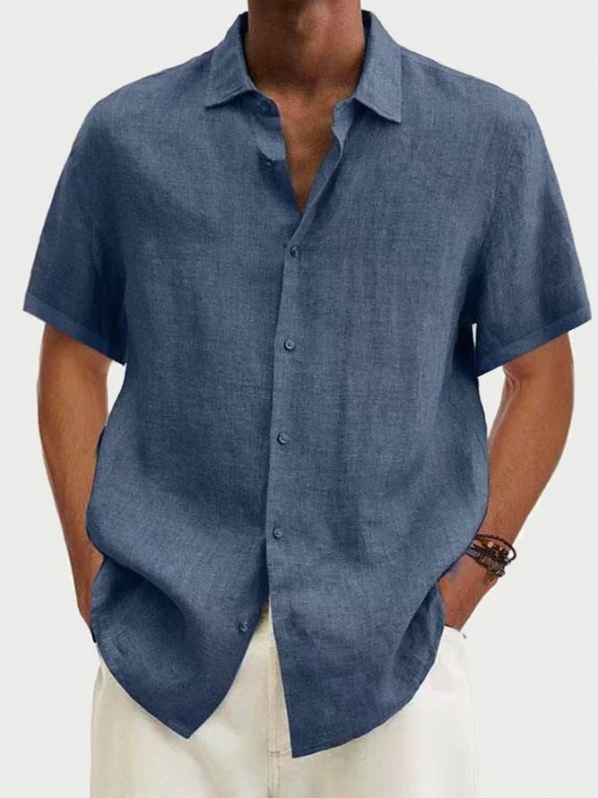 Royaura Men's Solid Color Cotton Linen Soft & Breathable Button Plus Size Short Sleeve Shirt