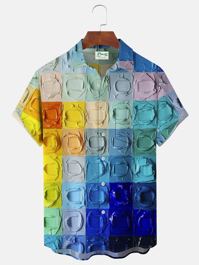 Royaura Vintage Rainbow Plaid Men's Hawaiian Shirts Stretch Geometric Art Aloha Pocket Shirts
