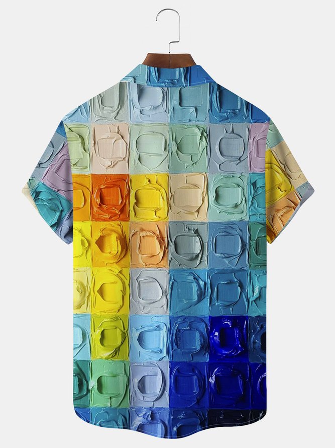Royaura Vintage Rainbow Plaid Men's Hawaiian Shirts Stretch Geometric Art Aloha Pocket Shirts