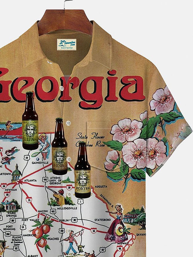 Royaura Vintage Map Beer Travel Indian Print Men's Button Pocket Shirt