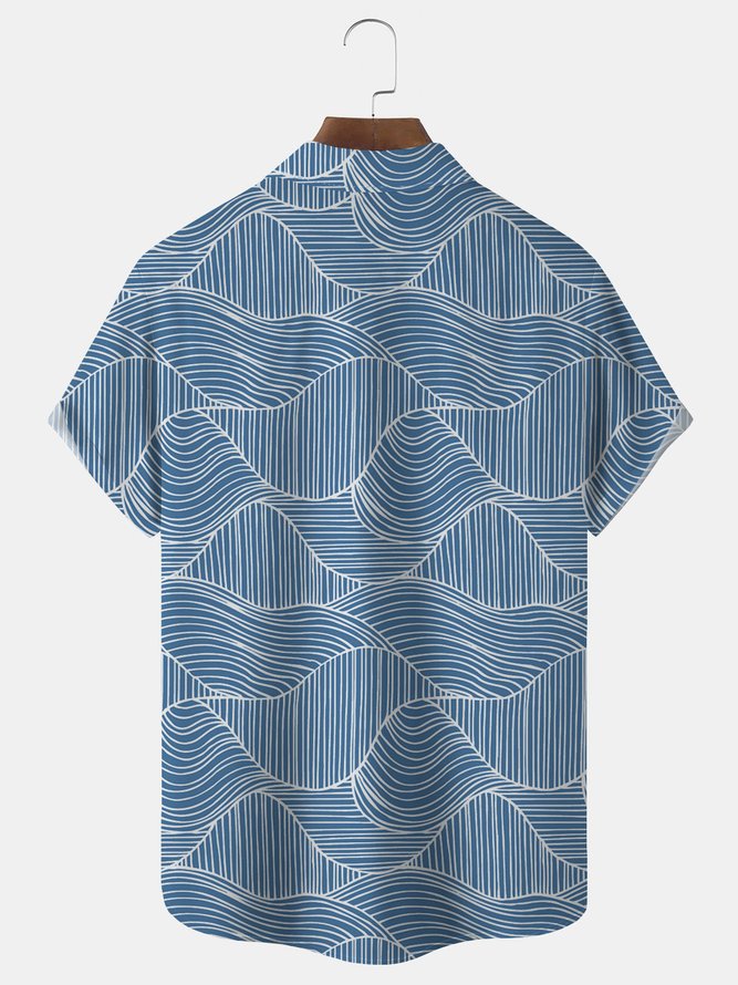 Royaura Vintage Wave Line Print Men's Button Pocket Shirt