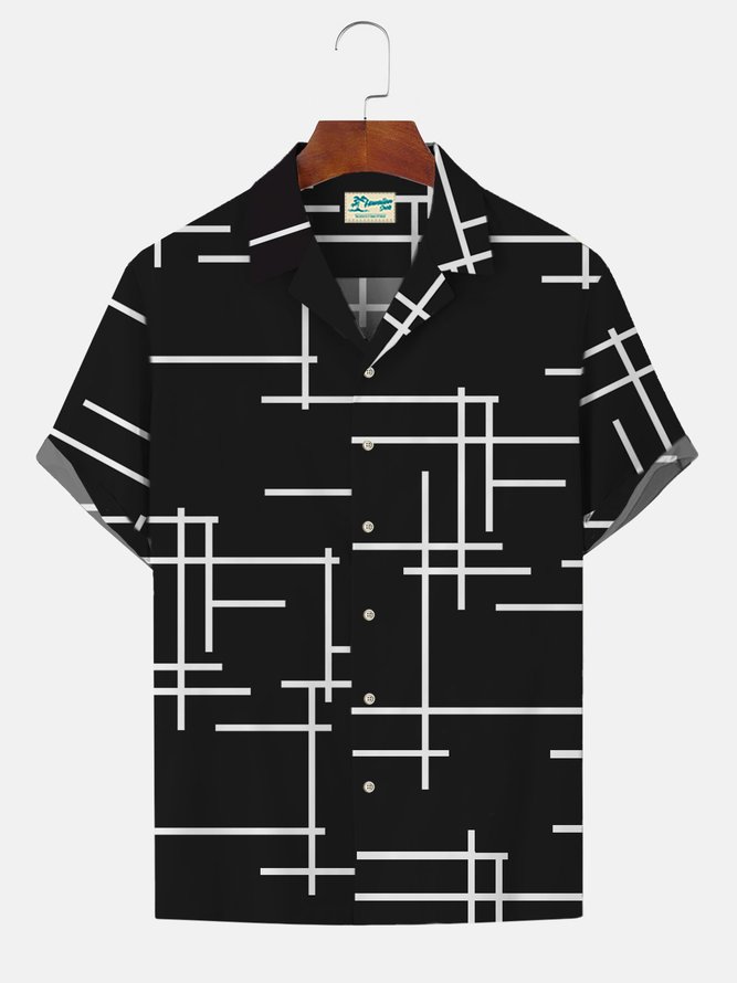 Men's Black Irregular Geometric Line Print Short Sleeve Shirt