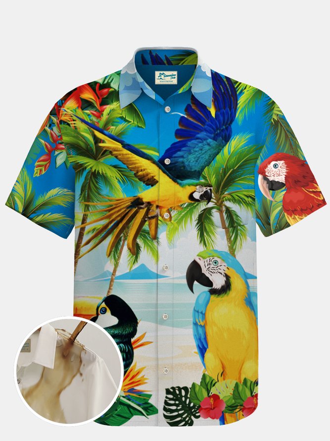 Royaura Beach Holiday Tropical Parrot Men's Hawaiian Shirts Floral Stretch Plus Size Aloha Camp Pocket Shirts