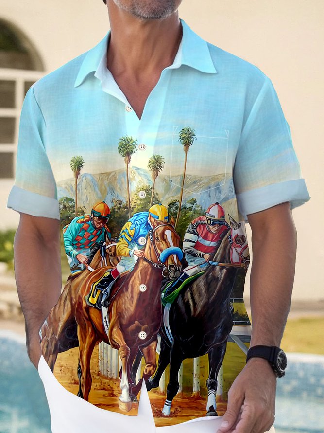 Royaura Hawaiian Horse Racing Coconut Tree Print Men's Button Pocket Shirt