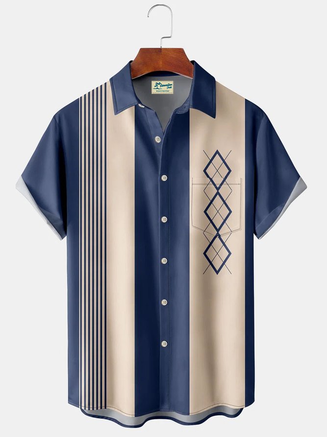 Royaura Vintage Bowling Stripe Geometric Print Men's Button Pocket Two-Piece Shirt And Shorts Set