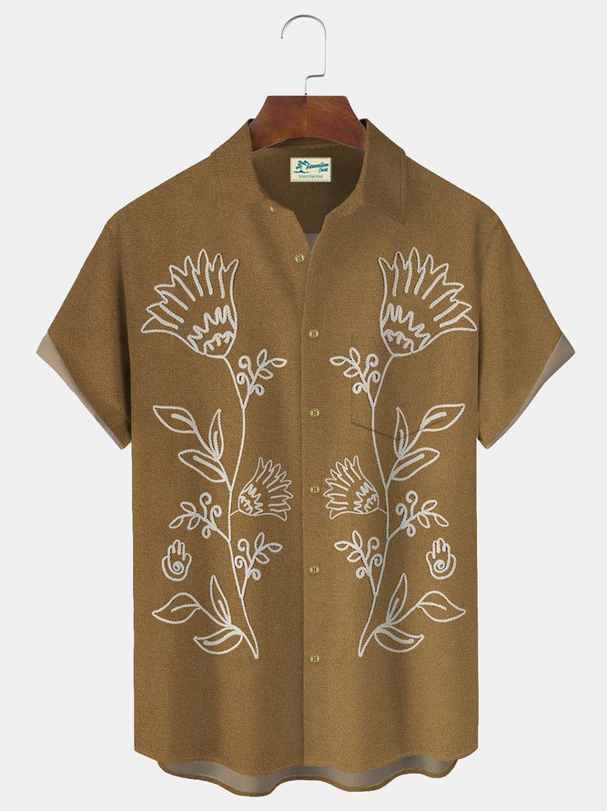 Royaura 50's Vintage Floral Brown Men's Camp Shirts Stretch Oversized  Pocket Aloha Shirts
