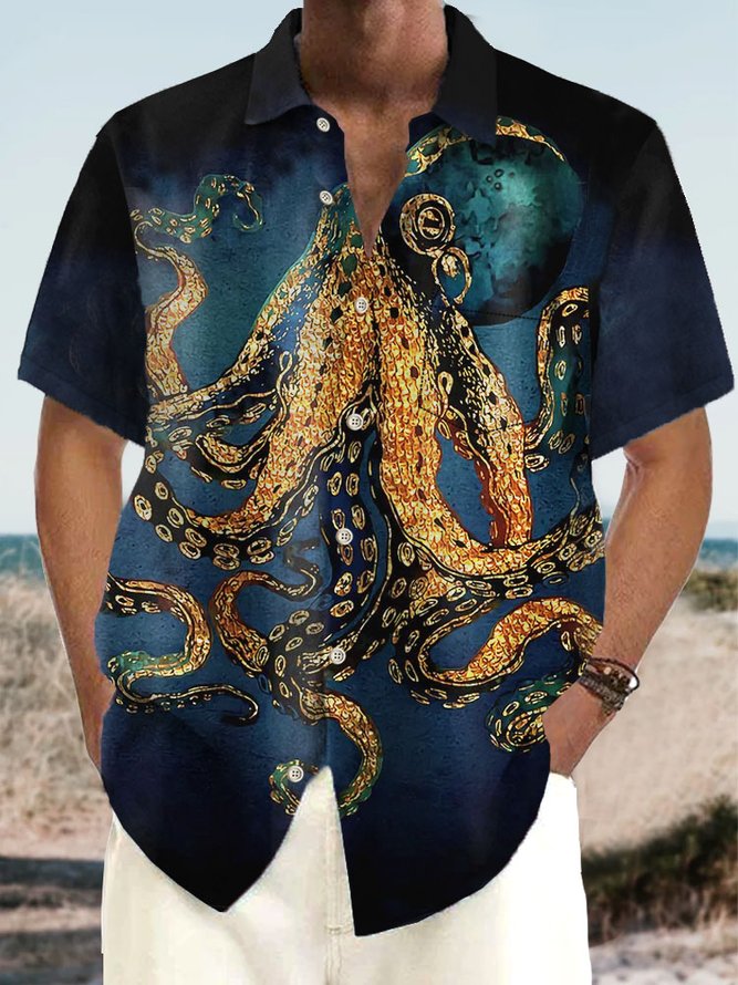 Royaura Vintage Octopus Print Men's Button Pocket Shirt
