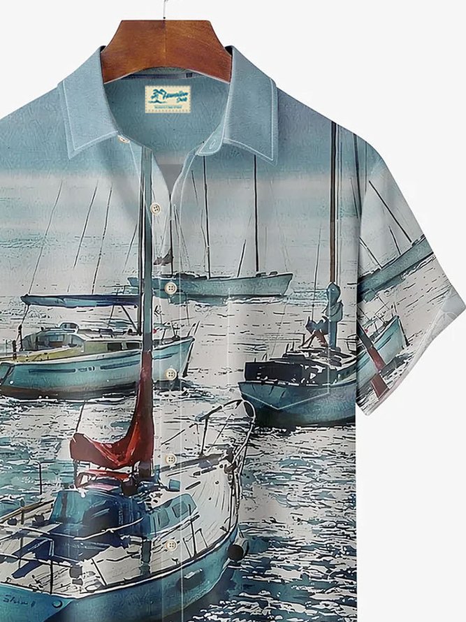 Royaura Hawaiian Nautical Cruise Print Men's Button Down Pocket Shirt