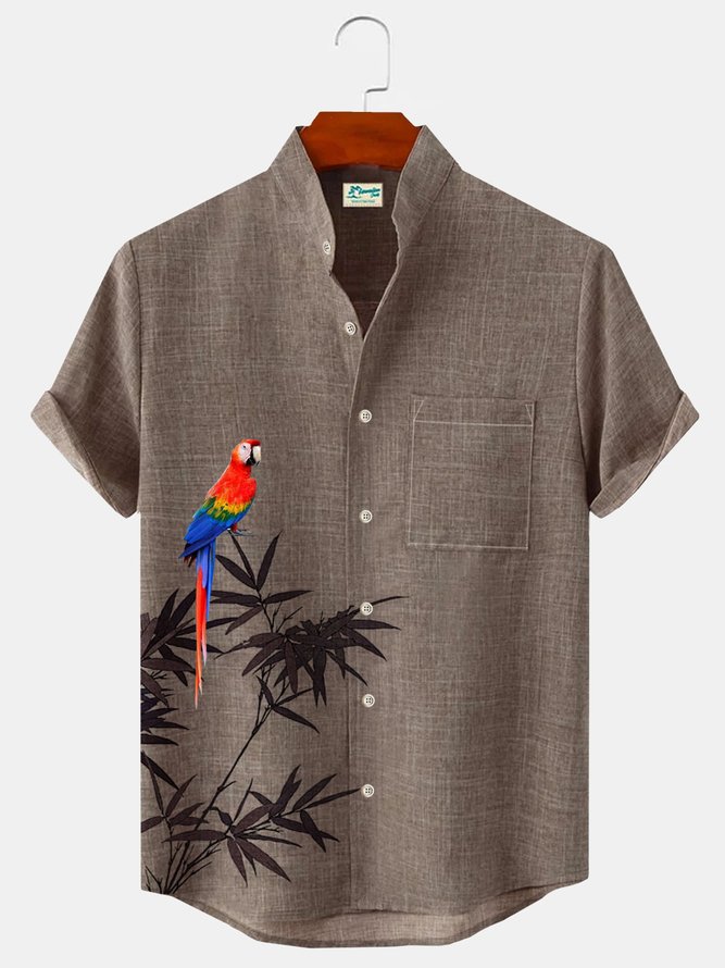 Royaura Cotton Linen Parrot Bamboo Leaf Men's Stand Collar Button Pocket Shirt