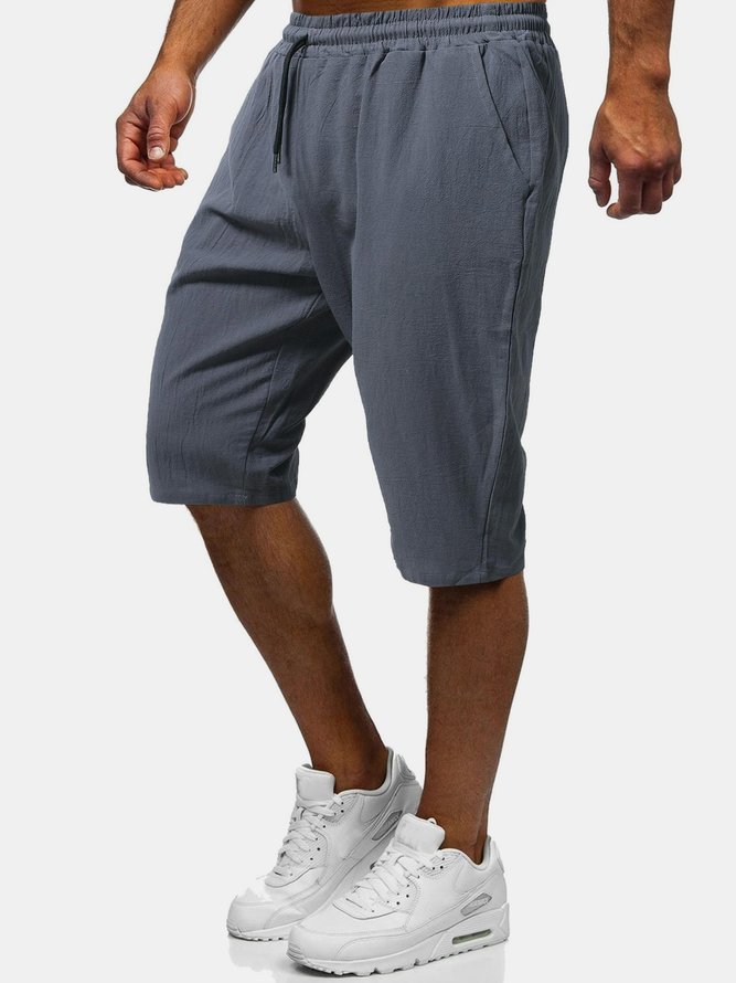 Cotton Linen Men's Beach Pants Breathable Shorts Casual Middle Pants